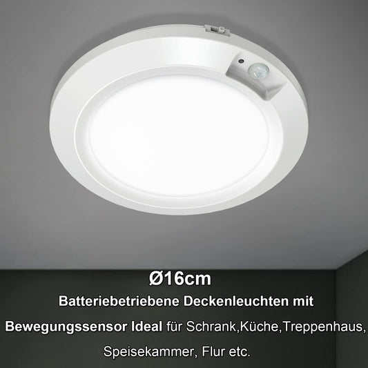 Awanber Battery-Powered Ceiling Light with Motion Sensor, 210LM LED Battery Lamp Indoor Outdoor Bright Wall Light Wireless for Closet, Shed, Basement, Garage, Hallway - Ø16cm 6000K Cool White (2 Pack)