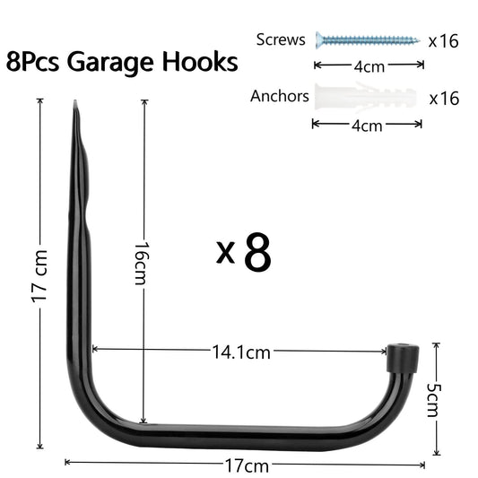 pipabiba 8pcs Garage Ladder Hooks, 17cm, durable, wall mount, hanger for bike, ladder, folding chairs, and bulky items (17cm x 17cm), Black