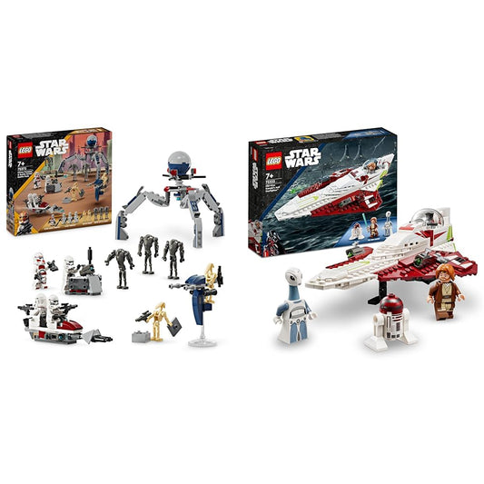 LEGO Star Wars Obi-Wan Kenobi's Jedi Starfighter, buildable toy with Tauntaun and Star Wars Clone Trooper & Battle Droid Battle Pack, kids toy with buildable Speeder Bike.