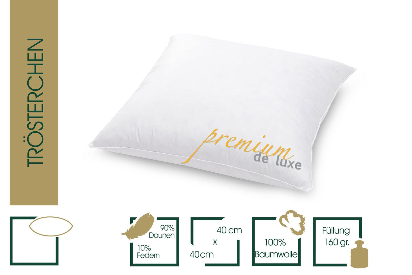 HANSKRUCHEN® Premium de Luxe comforter pillow 40x40 cm - Made in Germany. Down cuddle pillow made of 100% cotton - 90% down 10% feathers, pillow for allergies [1 pack].