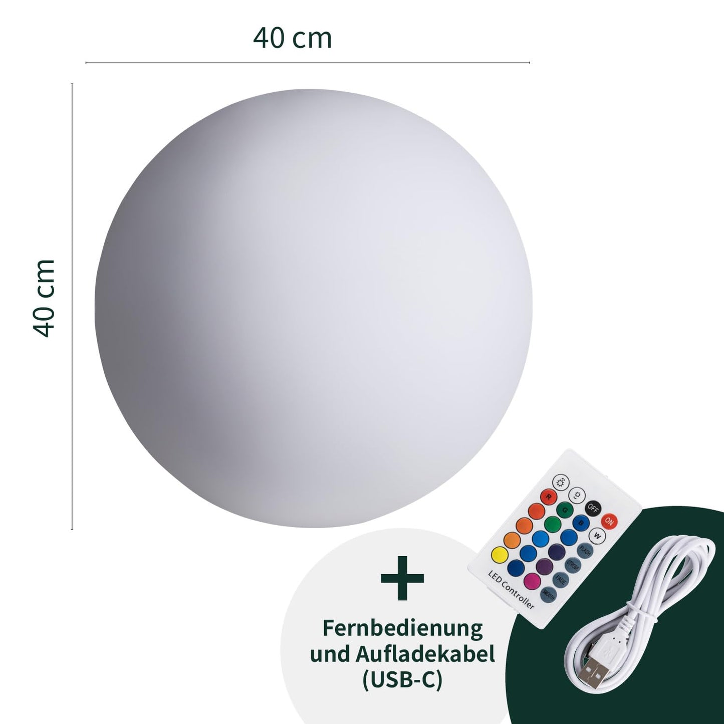 VERDOBA LED ball light with battery - waterproof LED light ball with color change and USB-C connection - dimmable LED ball for outdoor & indoor - 40 cm large ball lamp with protection class IP67