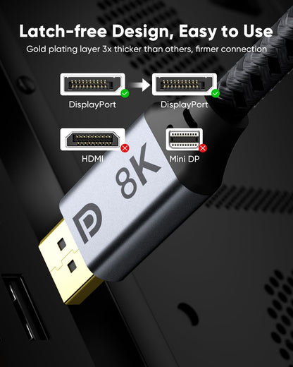 8K DisplayPort Cable 1.4 4M, 8K DP 1.4 cable (8K@60Hz, 4K@144Hz, 2K@240Hz) supports 32.4Gbps, HDR, FreeSync, G-Sync, DP to DP cable compatible for laptop, PC, TV, gaming monitor.