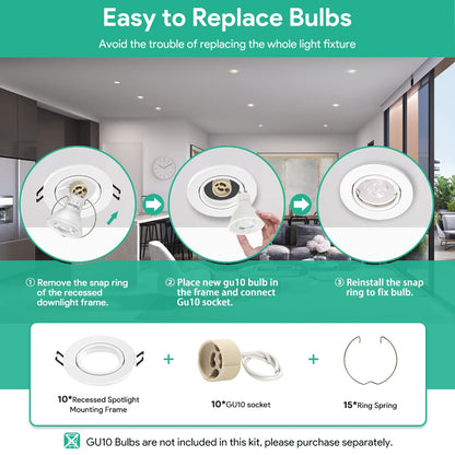 10x recessed spotlight GU10 set with white mounting frame for 230V spots, including GU10 socket, LED with 68mm hole diameter round, 30° tiltable integrated spotlight frame for LED or halogen bulbs.