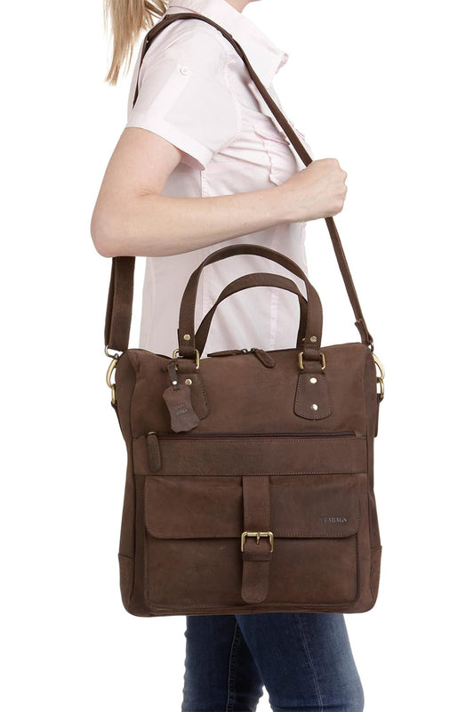 LEABAGS leather handbag for women I premium genuine leather shoulder bag I women's shoulder bag I women's bag I tote bag for work college school leisure I 36 x 37 x 10 cm I dark brown nature