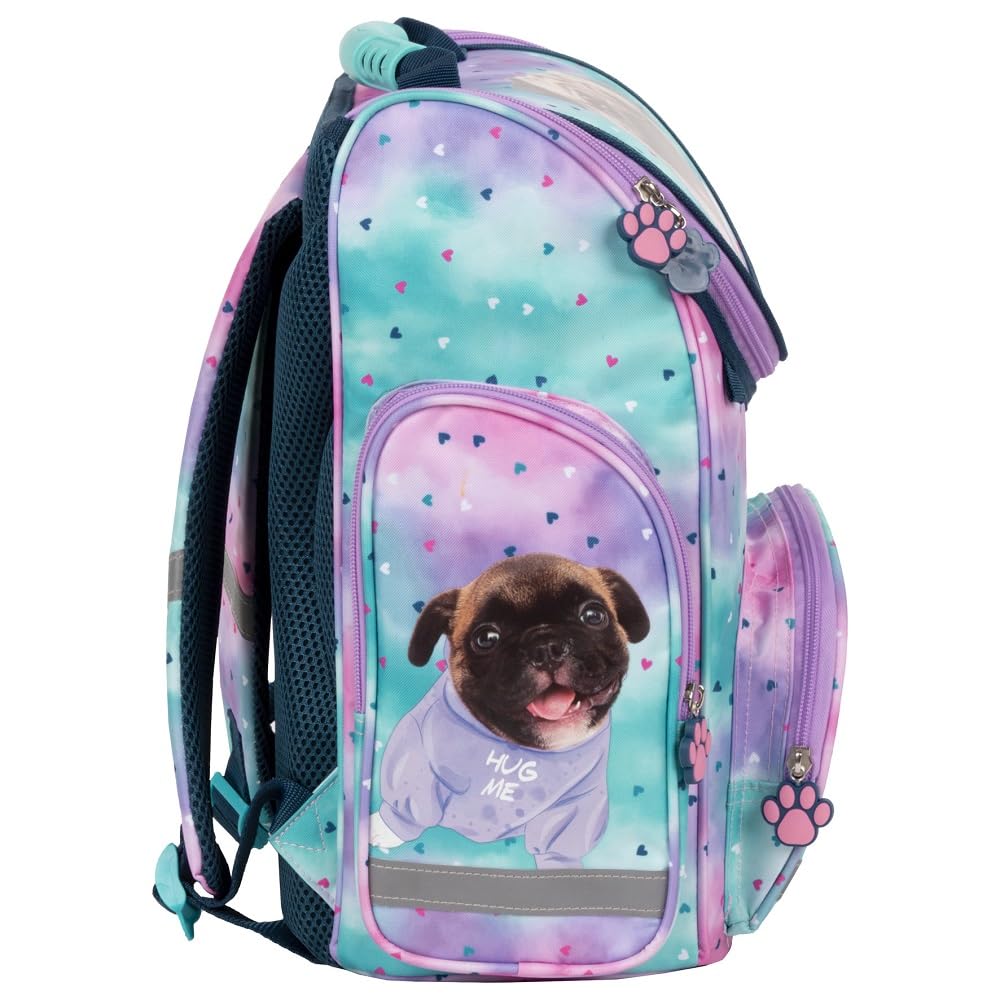 Familando girls school bag set Sweet Puppy Love 8 pcs. with pencil case, lunch box, bottle, and rain cover cute dog puppies turquoise pink