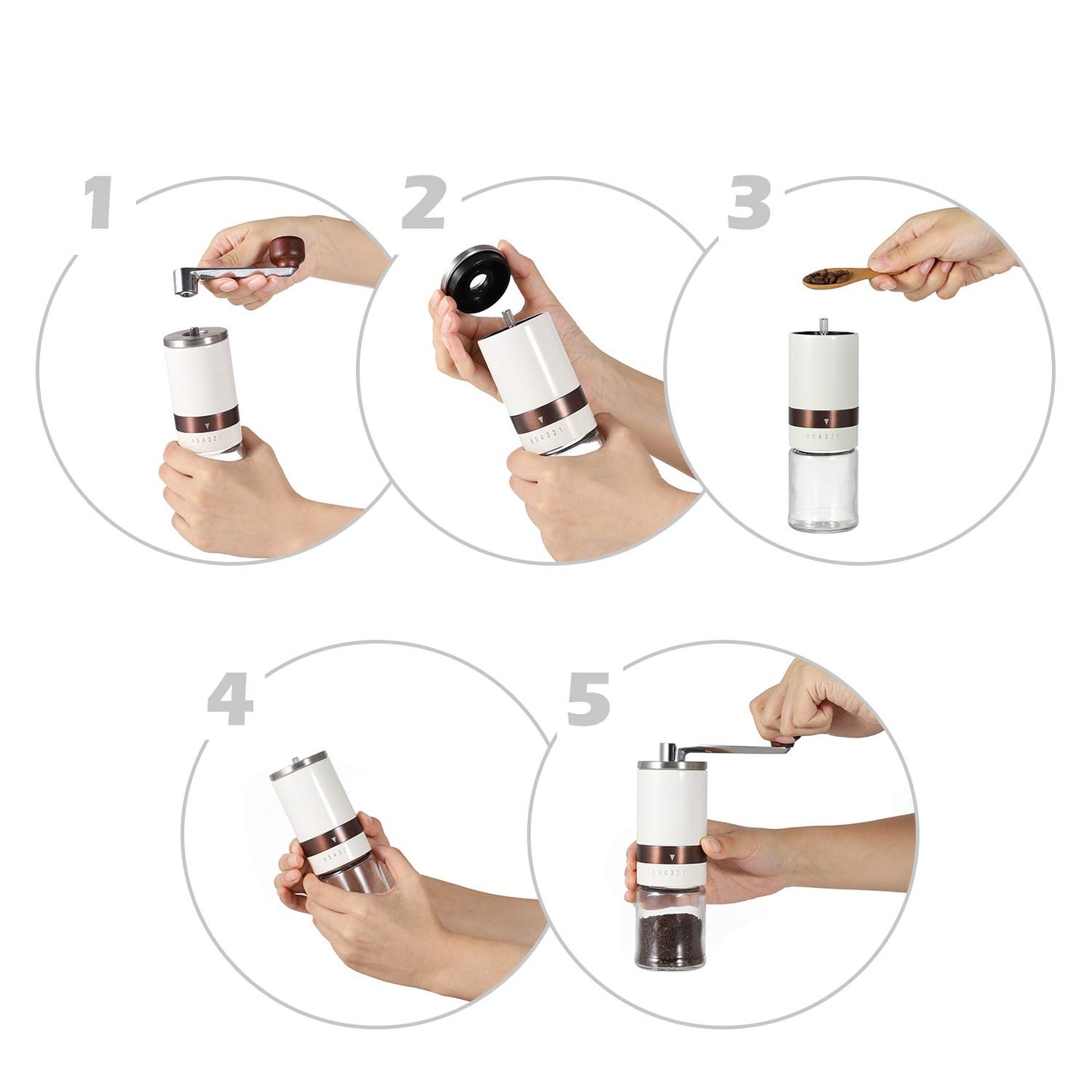 Vucchini Manual Coffee Grinder with External Adjustable Coarseness, Stainless Steel, Ceramic Conical Burr, Milk White, Portable Grinder for On-the-Go in Home Office.
