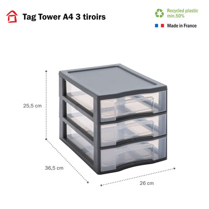 SUNDIS Day Tower, plastic drawer unit, grey, 3 transparent drawers for A4 paper, height 25.5 cm, stackable, great for desk, classroom, documents, accessories.