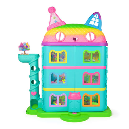 Gabby's Dollhouse, 15-piece Purrfect Party dollhouse playset in rainbow colors, over 60cm with Gabby figure, furniture, and sound effects, for ages 3 and up.