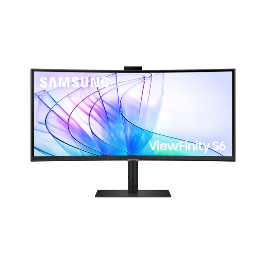 Samsung ViewFinity S65VC Curved Monitor 34-inch with speakers and webcam, VA panel, 3440 x 1440 resolution, 100Hz refresh rate, 5ms response time, 90W charging via USB-C, pivot feature.