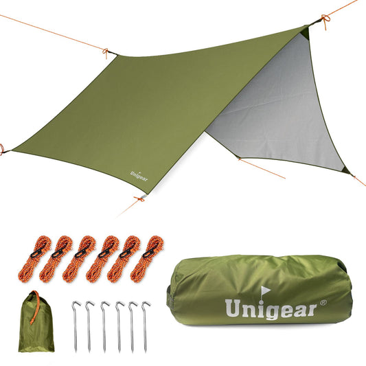 Unigear waterproof hexagonal tarp with grommets + 6 aluminum stakes + 6 ropes, cover for hammock, rain and sun protection for outdoor camping, picnics, festivals.