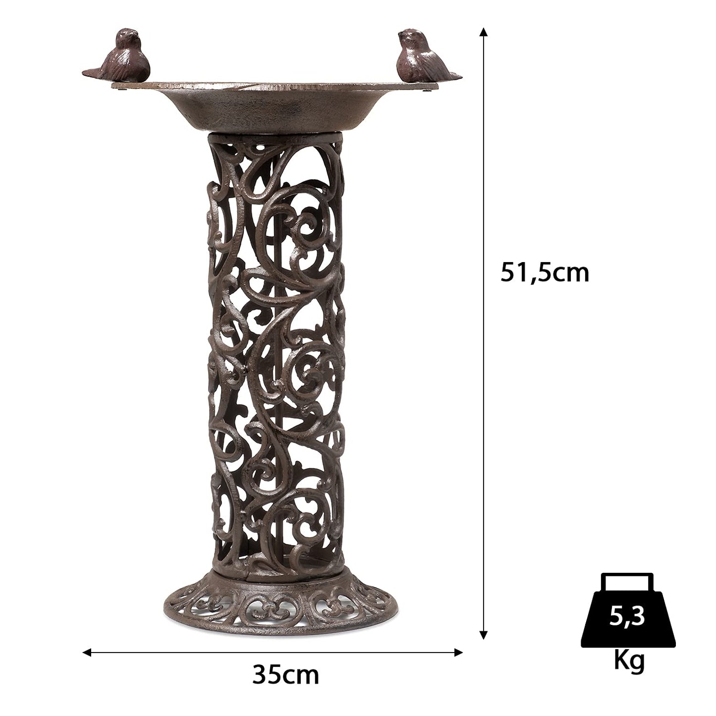Large bird bath with decorative birds made of cast iron. Metal water bowl for feeding and garden decoration.