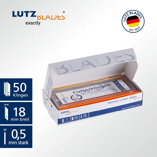 LUTZ BLADES Universal Utility Knife Blades 18mm | 50 pcs. | Carbon Steel Breakaway Blades by LUTZ in Solingen | Sharp Utility Knife Blades | Cutter Replacement Blades for film, wallpaper, leather, and more