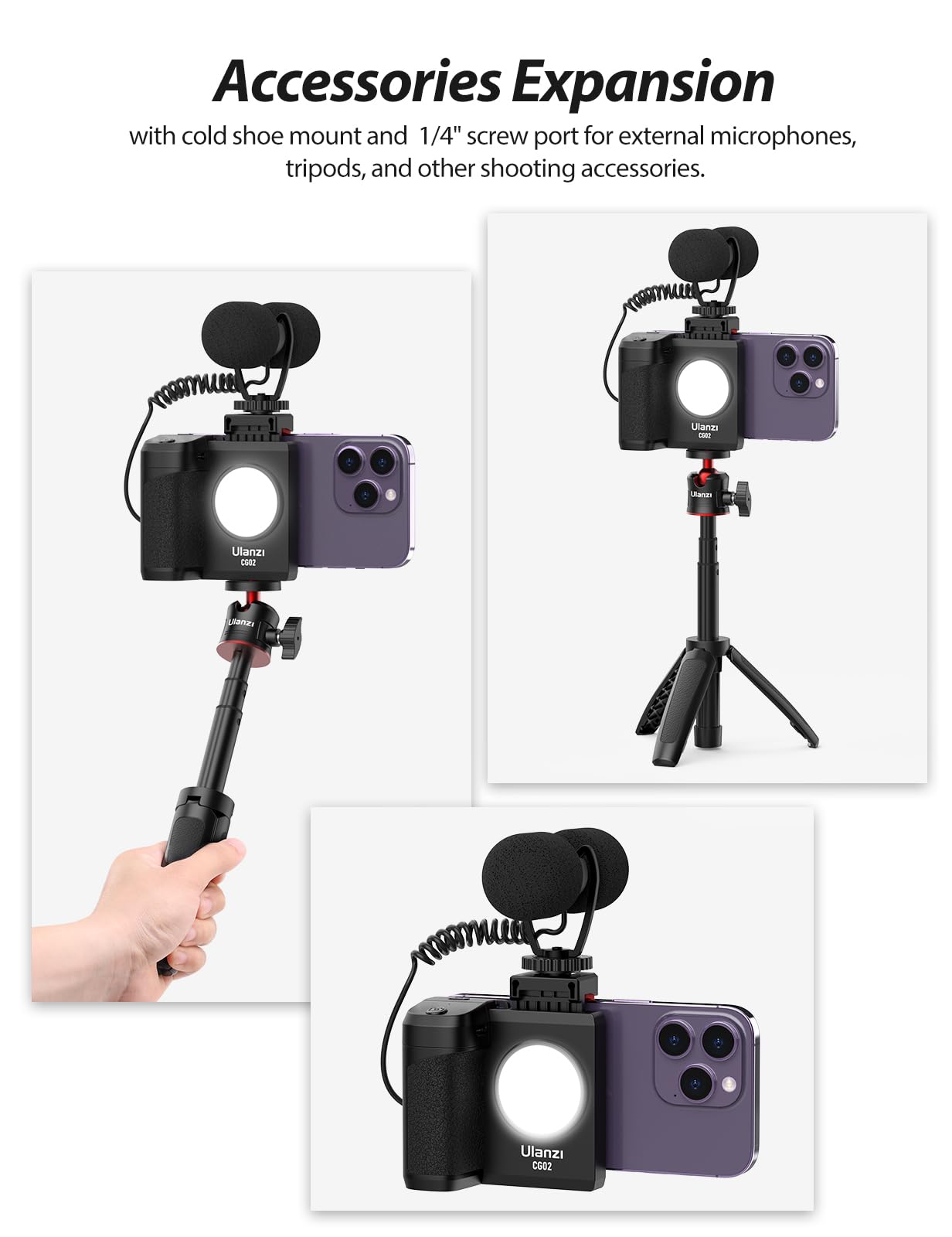 ULANZI CG02 Smartphone Handle Grip, phone cap grip with fill light, 3 levels adjustable, smartphone grip with remote control, cold shoe, fill light for selfies, TIKTOK, VLOG, handle grip for iPhone, Android