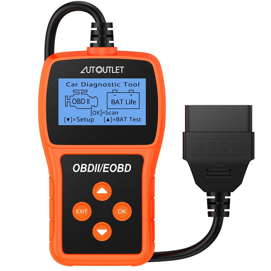 AUTOUTLET OBD2 diagnostic tool, car OBD2 scanner code reader with DTC definition, 10 languages, voltage detection and monitoring, automotive fault code reader.