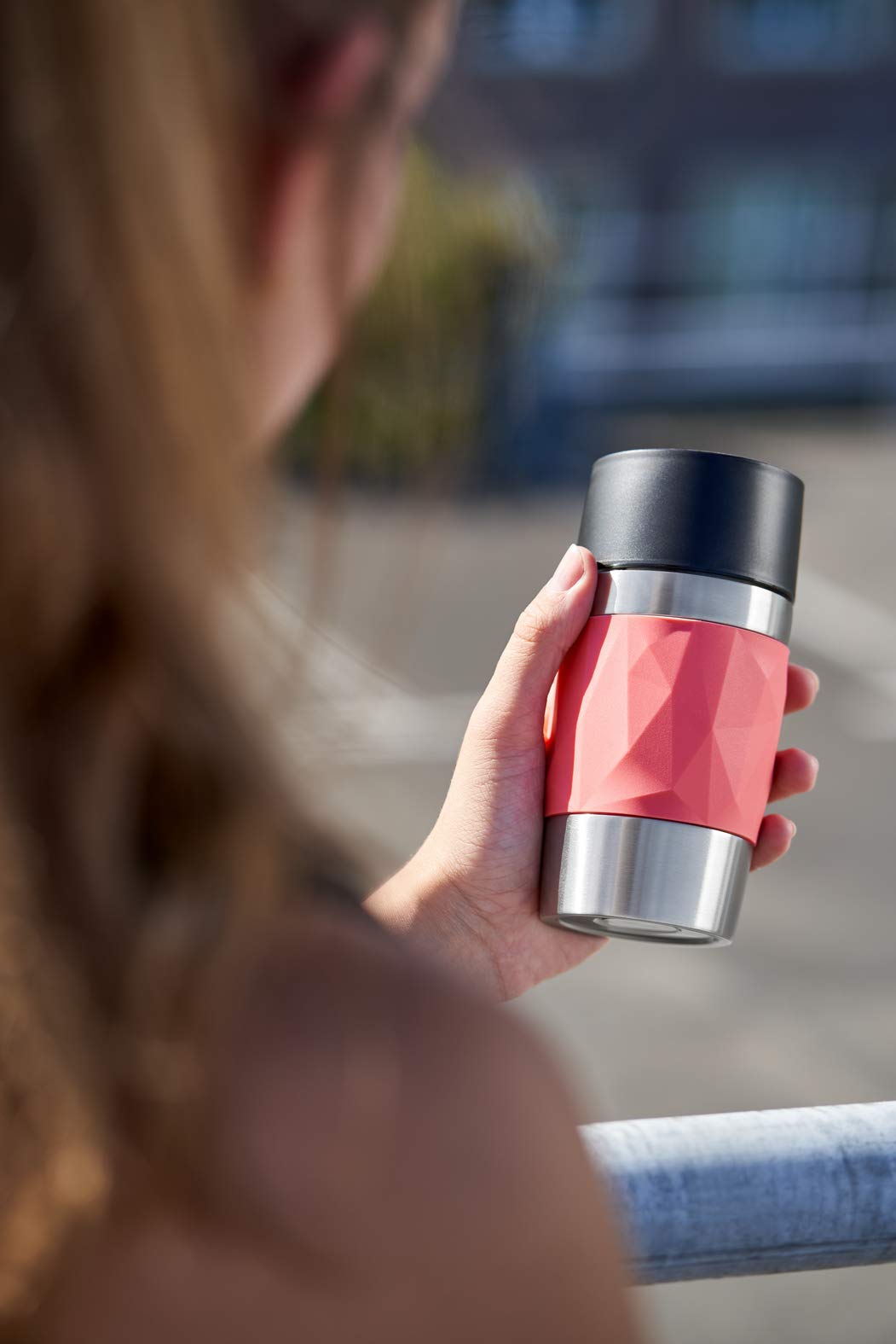 Emsa N21604 Travel Mug Compact Stainless Steel Thermo/Insulated Cup | 0.3 liters | 3h hot | 6h cold | BPA-Free | 100% leak-proof | dishwasher safe | 360° drinking opening | Coral Red