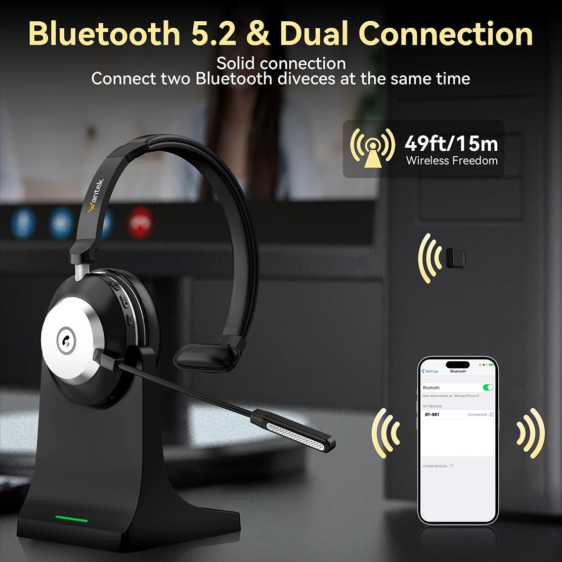 Bluetooth headset, wireless headset with microphone for PC, V5.2 computer headset with noise-canceling microphone, USB dongle, charging station, and mute button for work, mobile phones, computer.