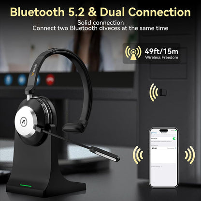 Bluetooth headset, wireless headset with microphone for PC, V5.2 computer headset with noise-canceling microphone, USB dongle, charging station, and mute button for work, mobile phones, computer.
