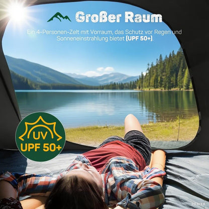 Partsio camping tent with vestibule tent 2-4 people Waterproof 4000mm dome tent Vestibule Detachable for trekking & festival Family camping trip Trekking garden Living space volume: 7.2 m³
