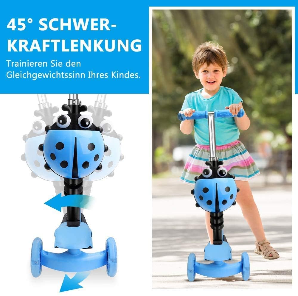 YOLEO 5-in-1 Kids Scooter with Removable Cartoon Basket Seat Push Handle LED Big Wheels Comfortable Backrest Height-Adjustable Handlebars for Toddlers Boys Girls from 2 Years (Blue)