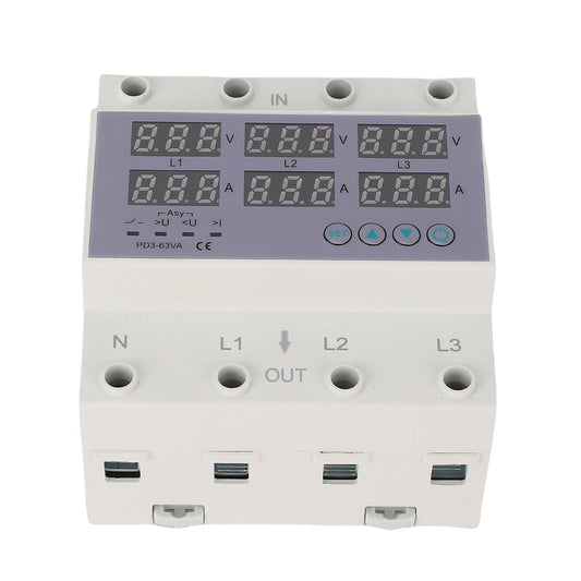 3-phase DIN rail voltmeter power meter, AC 390-500V digital ammeter automatic overvoltage overcurrent protection, 3-phase watt-kWh-ampere electricity tester (40A)