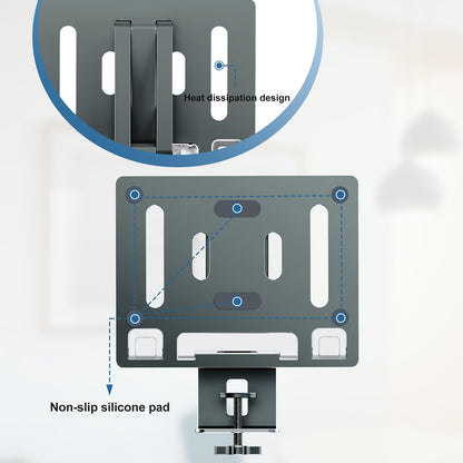 Adjustable laptop stand with 360° swivel arm, made of aluminum. Suitable for tablets and laptops from 10-16 inches. Foldable and perfect for your desk.