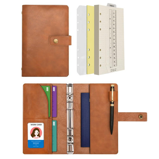 Wonderpool A6 Leather Notebook Refillable 6 Ring Diary Portfolio - Dotted Paper & Inner Pockets Organizer for Men and Women (Brown, A6)