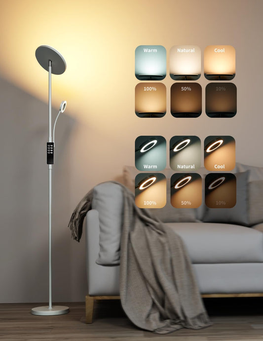 35W LED Floor Lamp Dimmable Gray, 4200LM Floor Lamp for Living Room with Remote Control & Touch Control, 3000-6000K LED Torchiere Lamp with Reading Light, LED Floor Standing Lamp for Bedroom Office