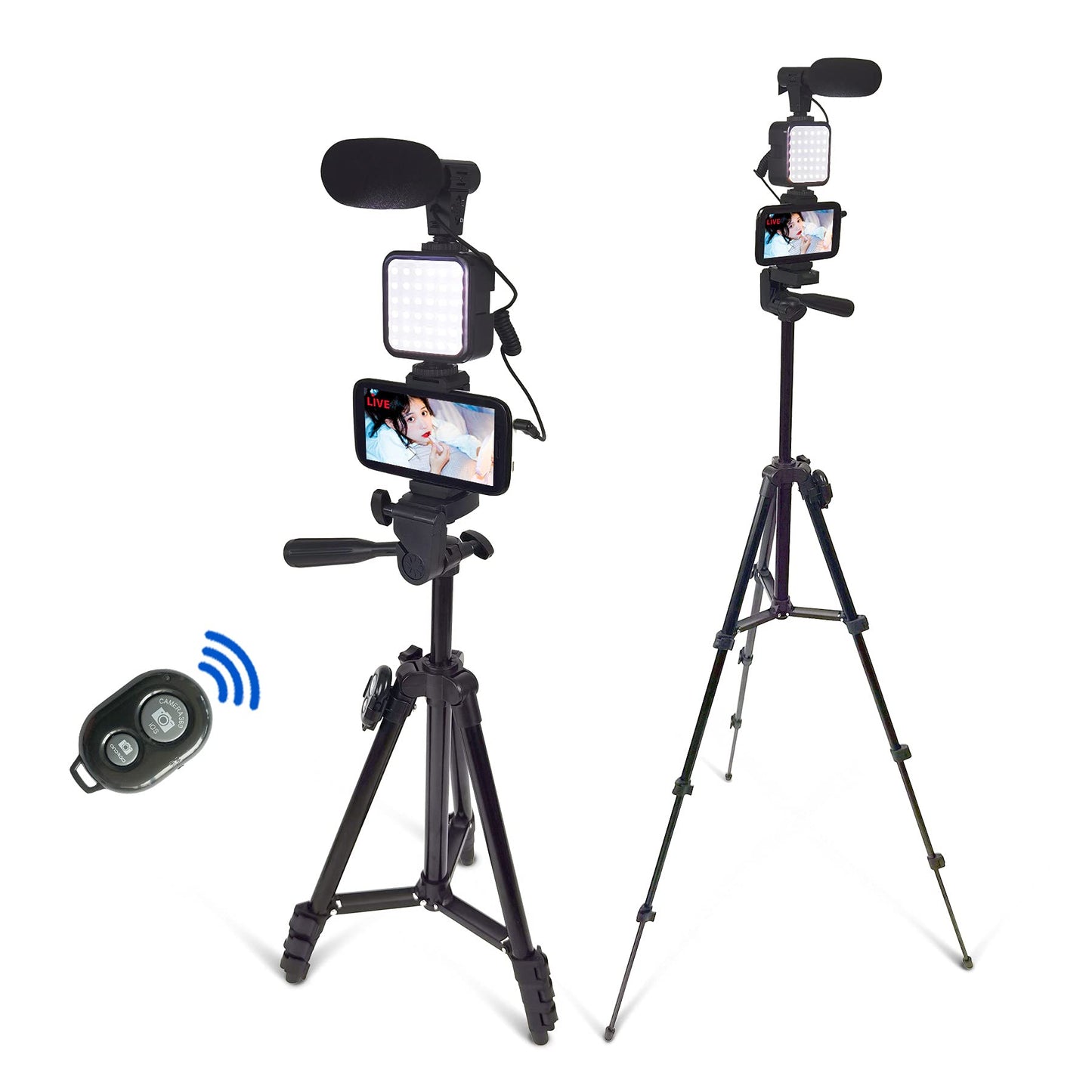 Smartphone video kit, vlogging kit, YouTuber kit, with microphone light tripod, 50 inches, extendable phone clip remote, compatible with iPhone/smartphone/cameras.
