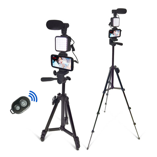 Smartphone video kit, vlogging kit, YouTuber kit, with microphone light tripod, 50 inches, extendable phone clip remote, compatible with iPhone/smartphone/cameras.