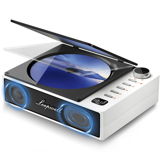 Portable CD Player, Leapwell Portable CD Player with Bluetooth Speaker, Portable CD Player for Kids with Remote Control, Anti-Skip CD Player with Headphones in White.