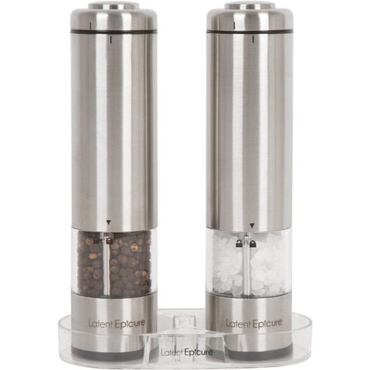 Salt and pepper mill set of 2 | Battery operated | LED light | Adjustable fineness | Includes FREE stand - by Latent Epicure