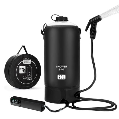 Tadomoe camping shower, 20 liter solar shower with portable shower pump, portable shower camping bag with convenient nozzle, temperature display, hot water solar shower for camping beach hiking travel.