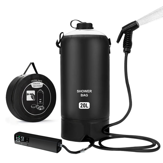 Tadomoe camping shower, 20 liter solar shower with portable shower pump, portable shower camping bag with convenient nozzle, temperature display, hot water solar shower for camping beach hiking travel.