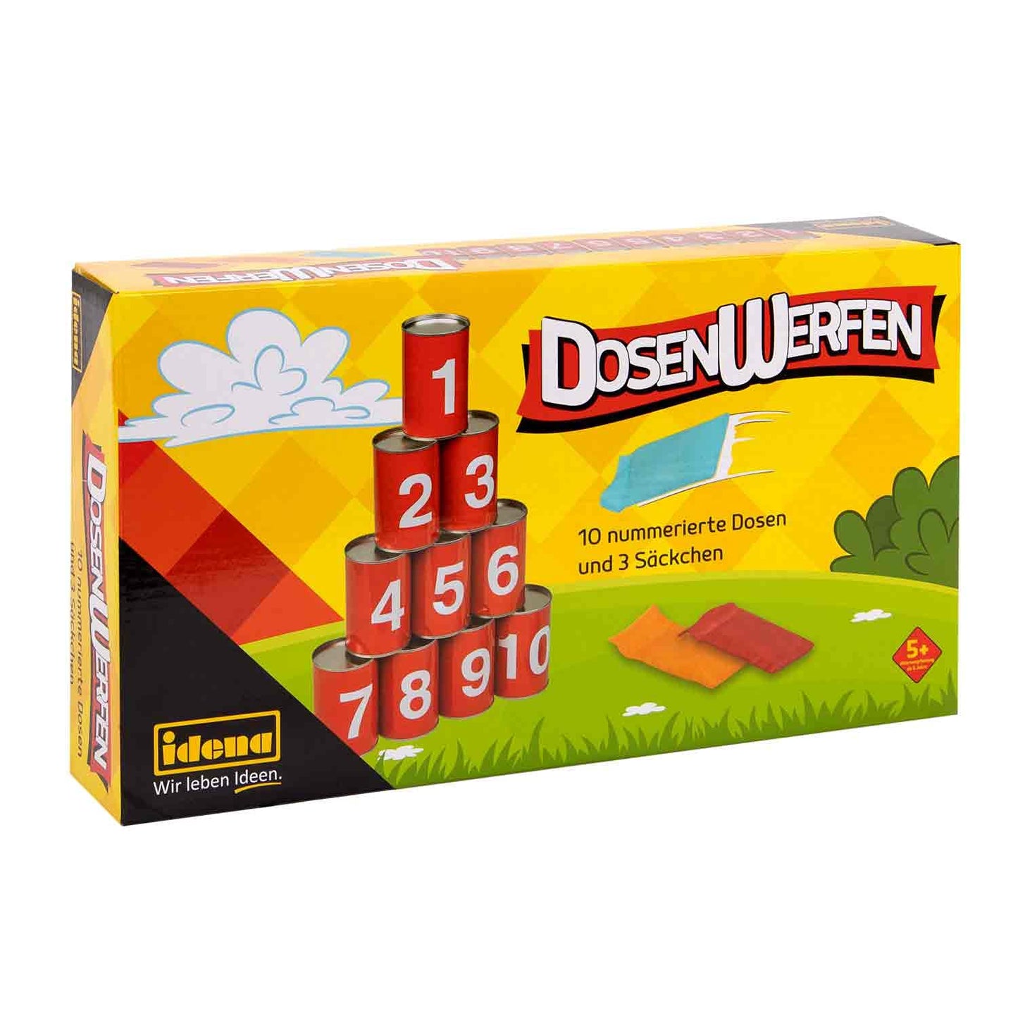 Idena 40189 - Game set can throwing with 10 numbered metal cans and 3 sandbags, tossing and skill game for birthday parties, in the garden or park.
