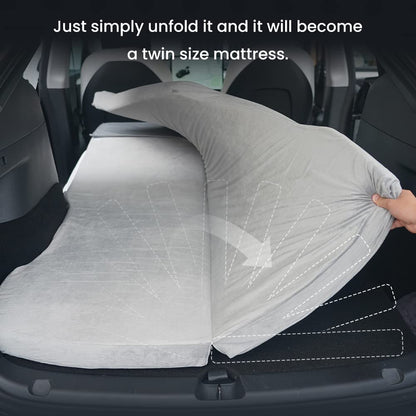 Havnby Tesla Model Y camping mattress includes CertiPUR memory foam mattress, storage bag, and fitted sheet. Portable, foldable, space-saving, double-sized.