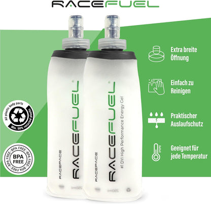 RACEPACE RaceFuel foldable 500ml drinking bottle gel bottle, Soft Flask BPA-free, with RaceFuel Energy Gel recipe QR code, perfect for running, marathon, triathlon, and cycling (2 pieces, 500ml)