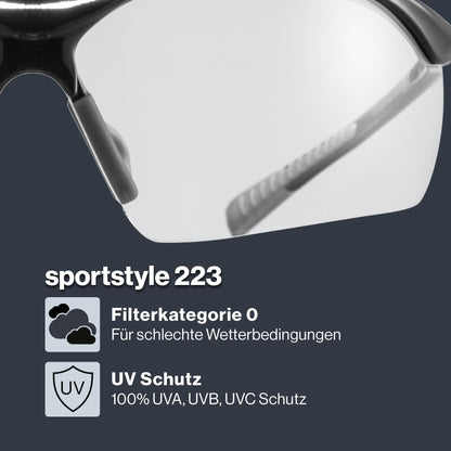 uvex sportstyle 223 - Sports glasses for men and women - 100% UVA, B, C protection - pressure-free fit & perfect grip - black grey/clear - one size