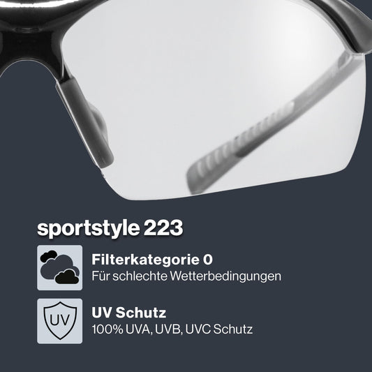 uvex sportstyle 223 - Sports glasses for men and women - 100% UVA, B, C protection - pressure-free fit & perfect grip - black grey/clear - one size