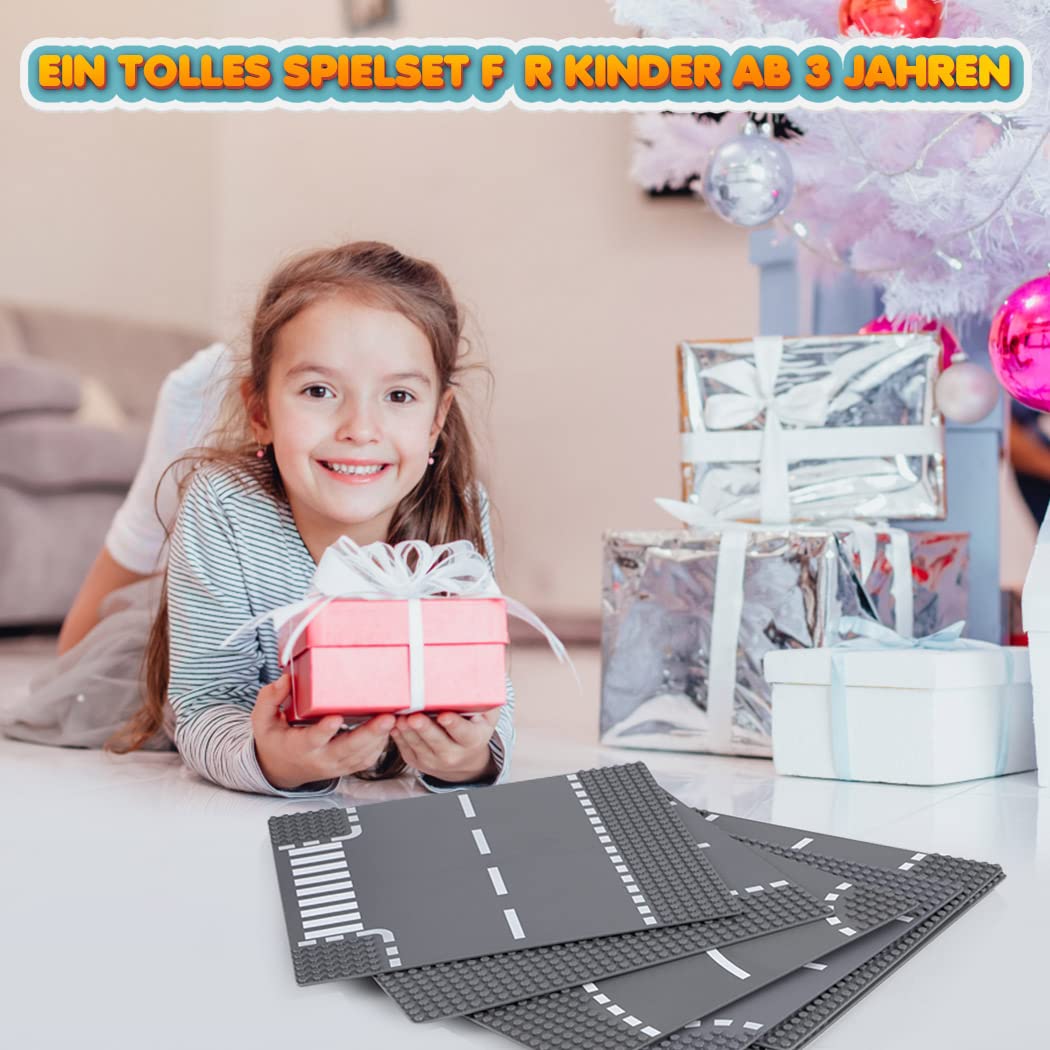 Lekebaby 12-piece City Street Baseplate Set, 25.5 * 25.5cm road plates, 100% compatible with most brands, includes 4 curves, 4 T-junctions, 3 straights, and 1 intersection.