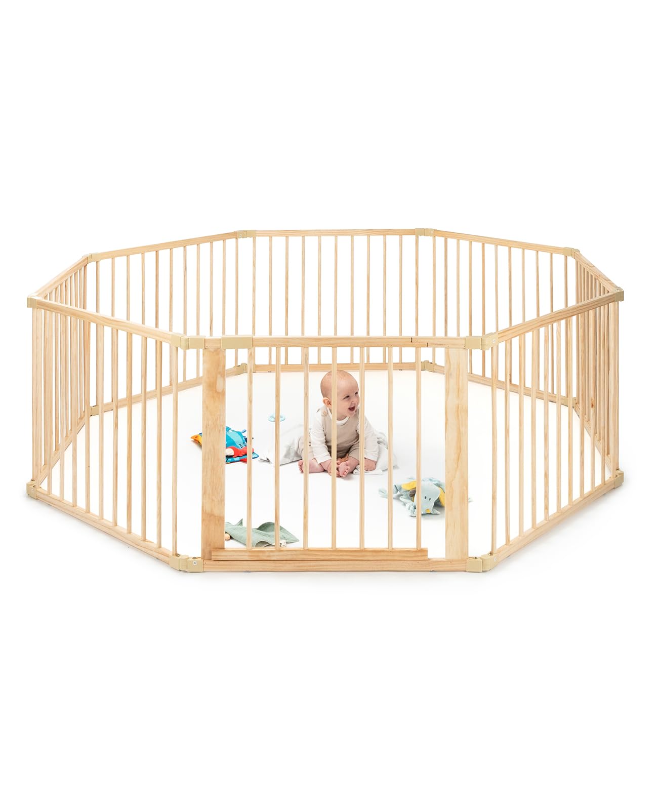 dibea playpen for babies & toddlers, sustainable playpen made of light spruce wood with door, 8 elements each 90x68 cm, solid barrier gate protects when crawling & learning to walk, safe protective gate
