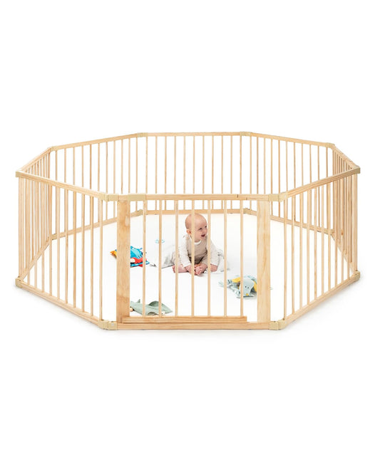 dibea playpen for babies & toddlers, sustainable playpen made of light spruce wood with door, 8 elements each 90x68 cm, solid barrier gate protects when crawling & learning to walk, safe protective gate