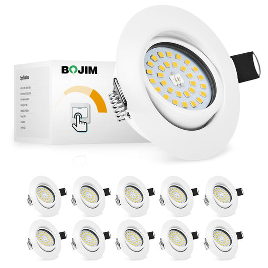 BOJIM LED spots 230V flat dimmable, recessed lights LED warm white 5.5W 68mm - 80mm cutout size, ceiling spots adjustable for kitchen living room bathroom, set of 10.