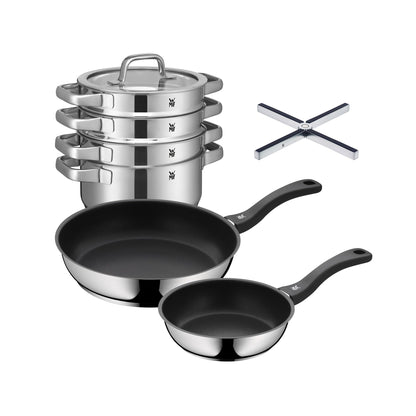 WMF Set 3-piece Compact Cuisine pot set Induction 4-piece with glass lid and Devil pan set Induction 2-piece and Mister X pot holder Stainless steel foldable 19 x 19 cm.