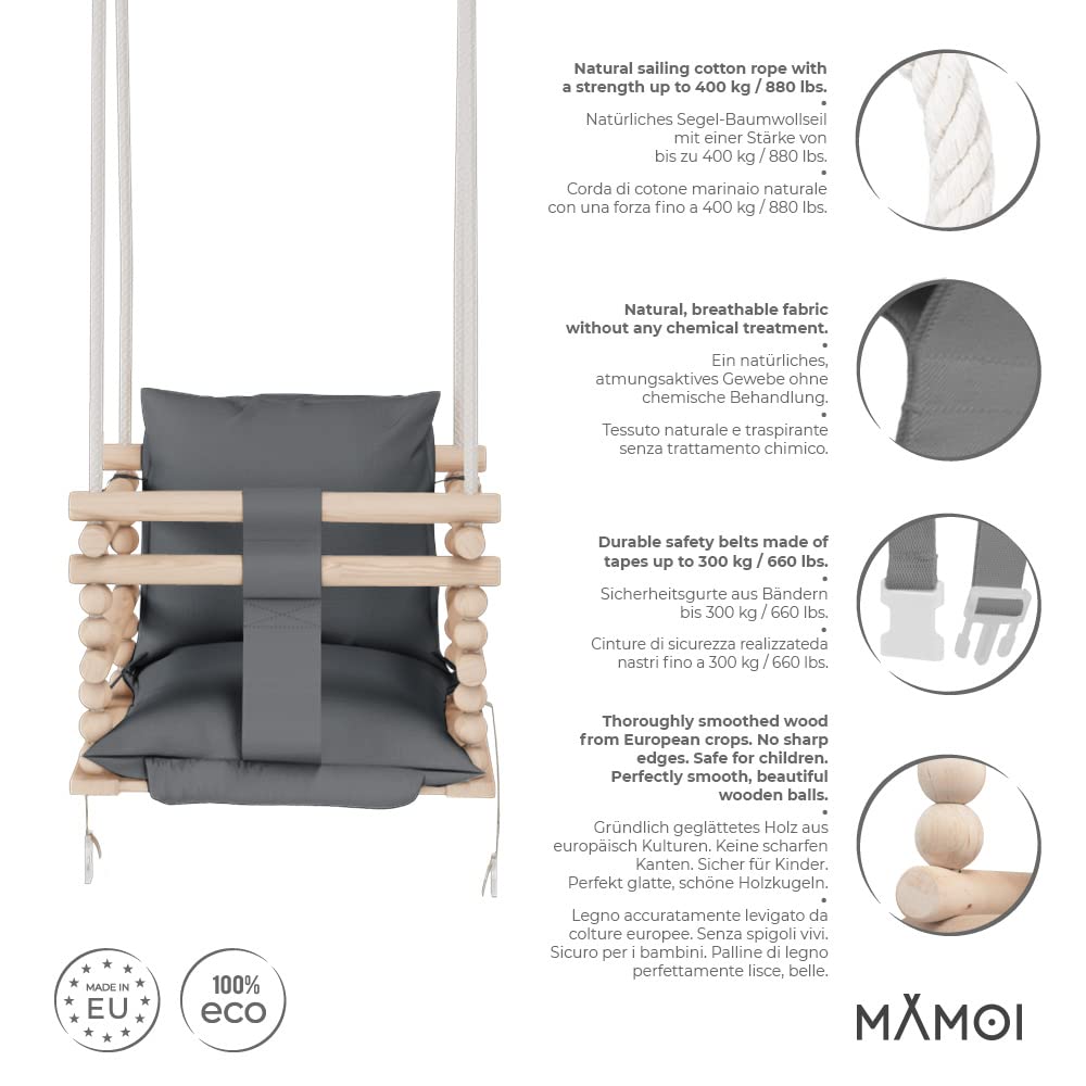 MAMOI® Baby Swing, Indoor Swing, Wooden Swing for Baby and Kids, Children's Swing, Wooden Swings, Toddler Swing for Nursery and Door Frame, 3 in 1.