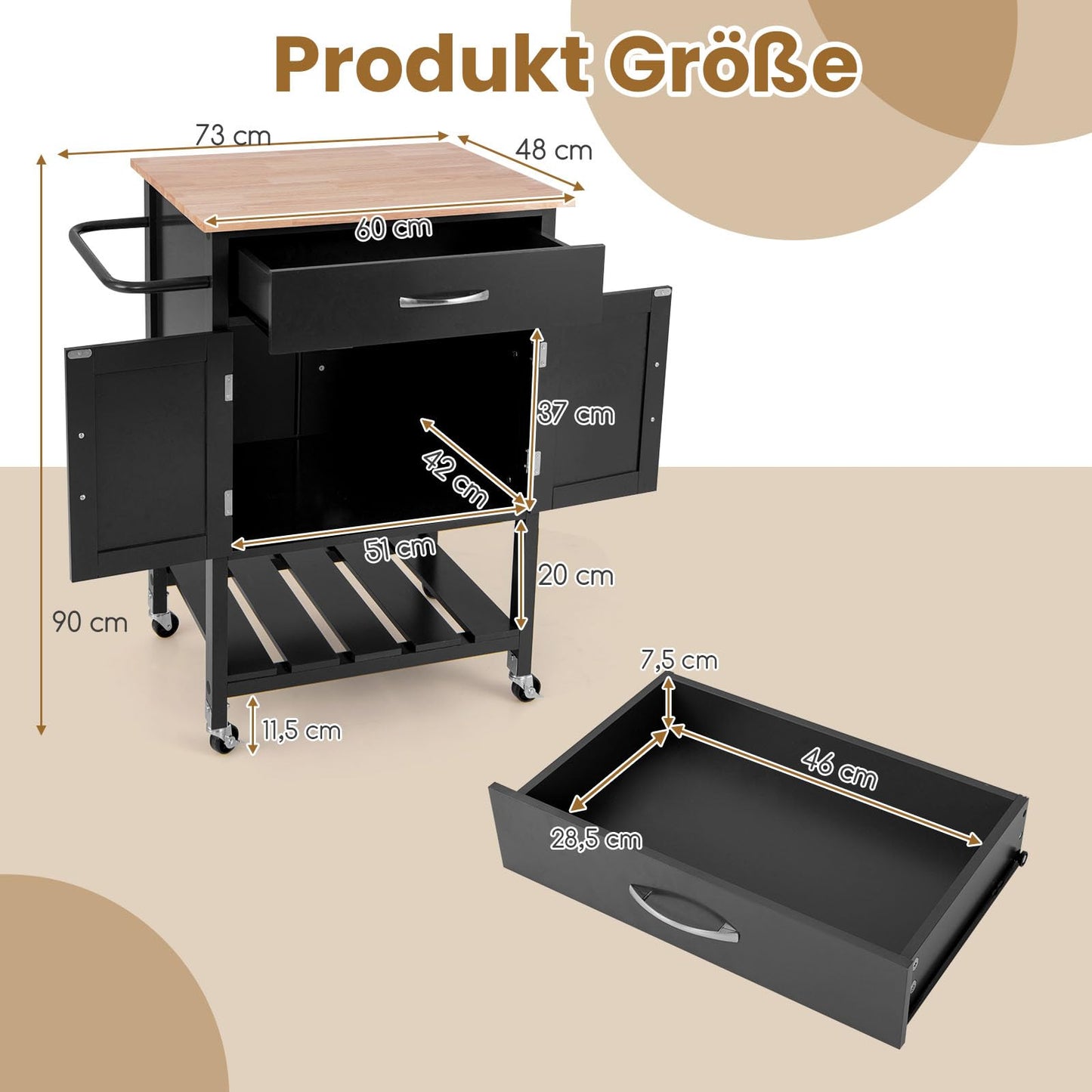 COSTWAY Kitchen Cart with Countertop, Serving Cart with Wheels, Rolling Cart with Drawer & 2-door Cabinet & Bottom Tray & Towel Holder, Kitchen Island for Kitchen, Dining Room, and Bar (Black)