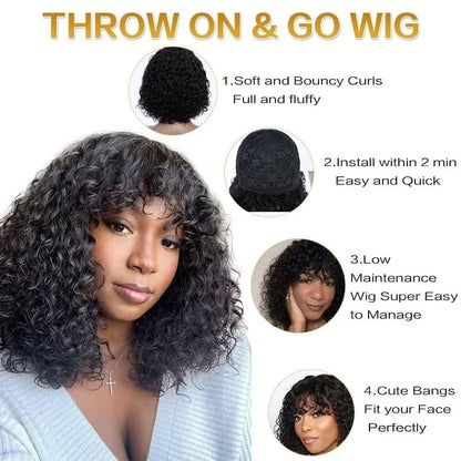 Real hair wig with bangs Short curly bob wig Real hair Jerry curl bob wig for black women 150% density Non lace front Glueless wig 10 inches (25 cm)