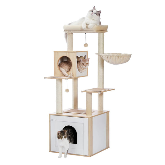 PAWZ Road Modern Cat Tree Wooden Cat Tower with Storage Cabinet Cat Bathroom Enclosure and Spacious Cat House Large upper perching platform and hammock Beige