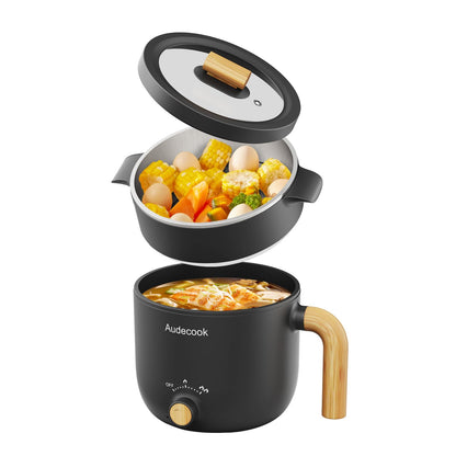Audecook Electric Hot Pot, 1.5L Portable Mini Non-Stick Multicooker, Fast Ramen Cooker, Travel Electric Skillet with Dual Power Control for Steak/Noodles/Soup/Egg/Oatmeal