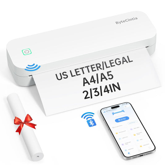 ByteCintia Mobile Printer Bluetooth Thermal Printer A4, Portable Inkless Printer with Android & iOS for Mobile & Laptop, Supports 210x297mm A4 Thermal Paper, D80 White
