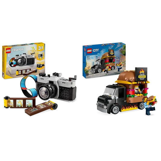 LEGO Creator 3in1 Retro Camera Toy, video camera, TV set, desk decoration & City Burger Truck, building set with toy car for 5-year-old kids.